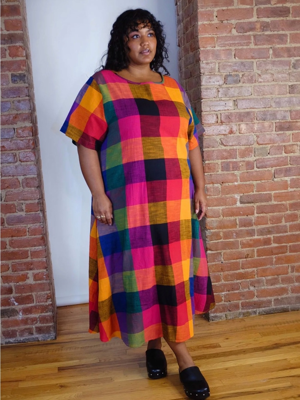Multicolor Plaid Midi Dress - Bright Check Print - Picture 2 of 8